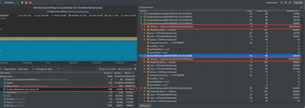 Android Studio Profiler Memory （内存分析工具）的简单使用及问题