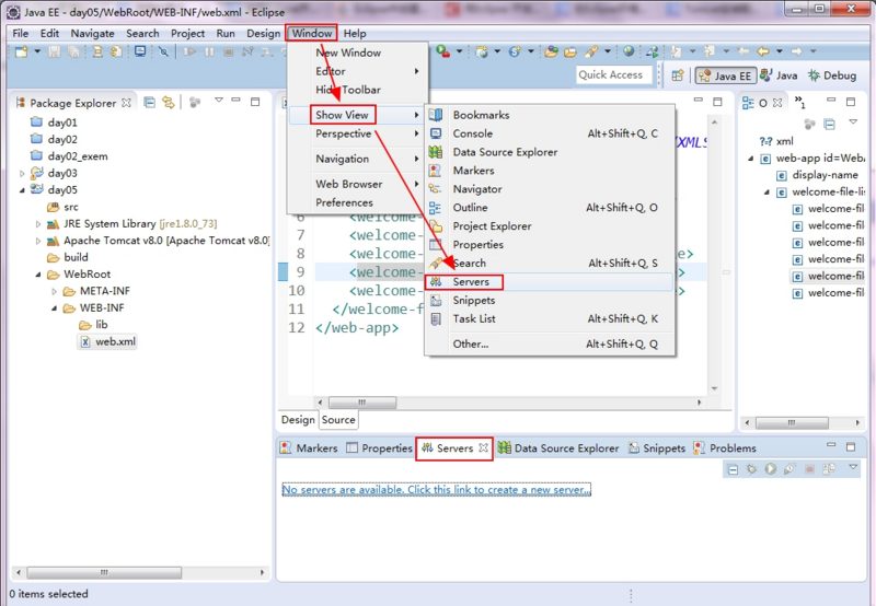 Eclipse配置Tomcat8.5（显示Servers设置）