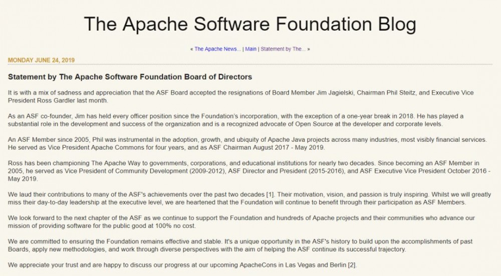Apache 软件基金会大地震：3 名董事离职